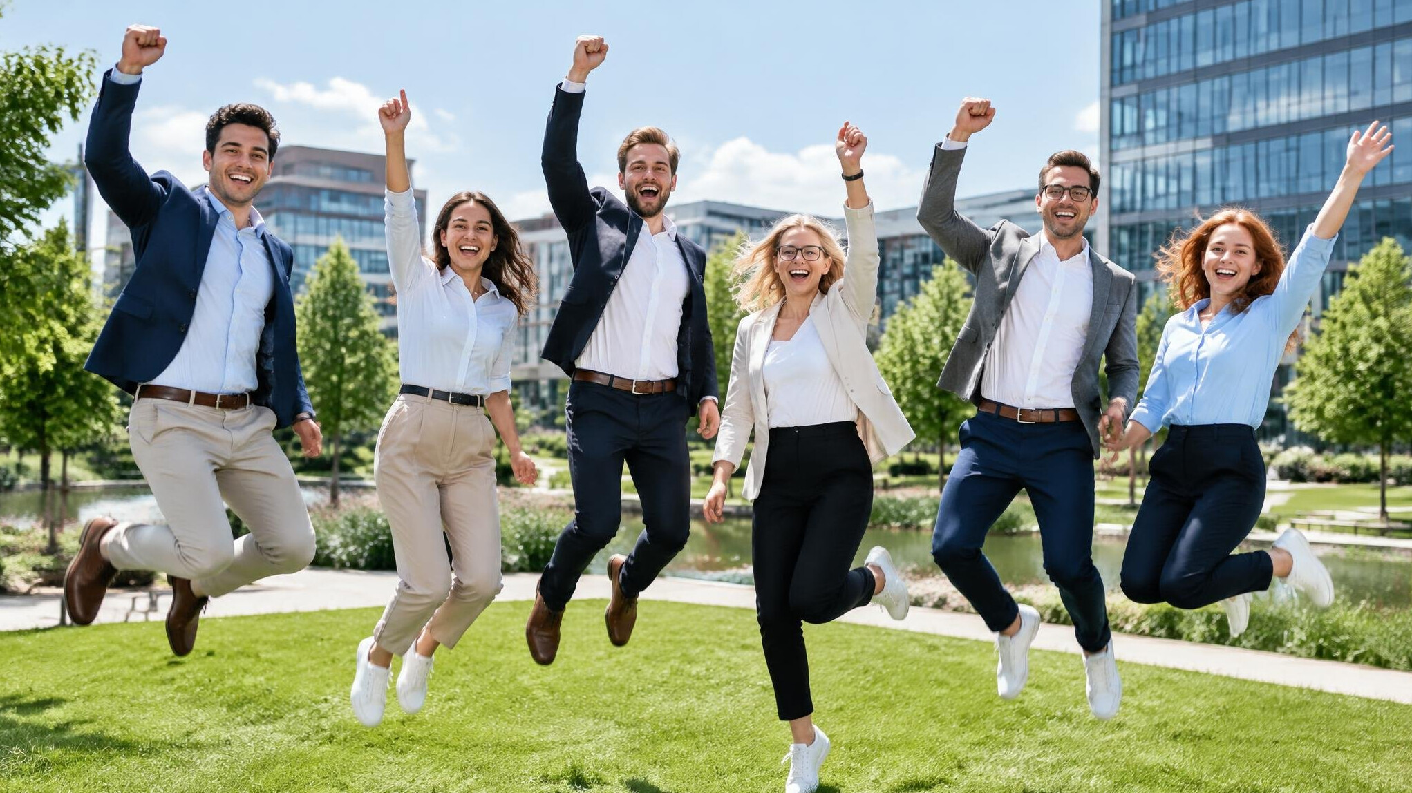 Team of insurance advisors celebrating together outdoors